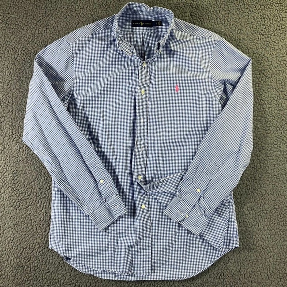 Ralph Lauren Mens Blue Gingham Button Down Shirt Pink Pony Logo Large L